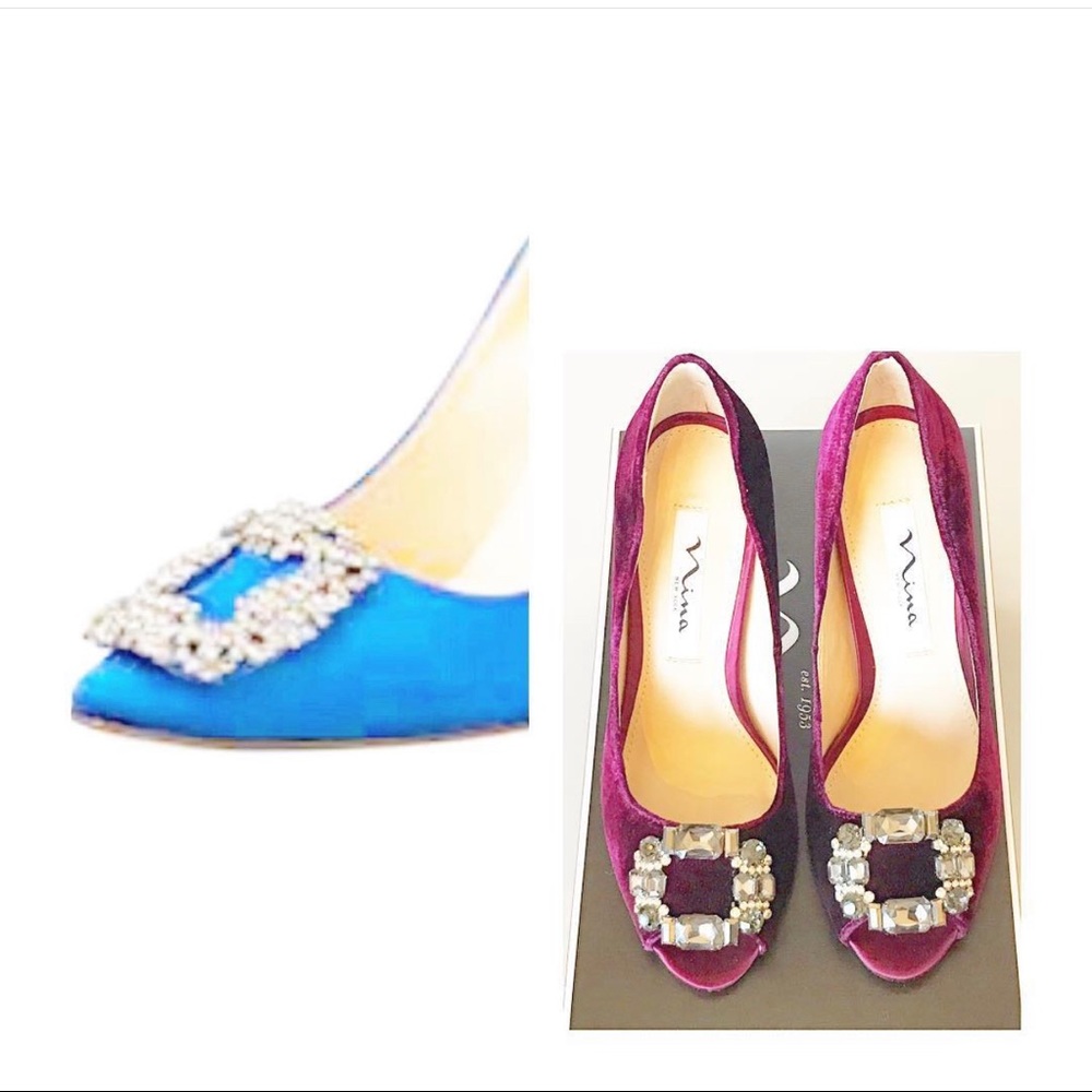 Purple bejeweled shoes in the style of Carrie Bradshaw.